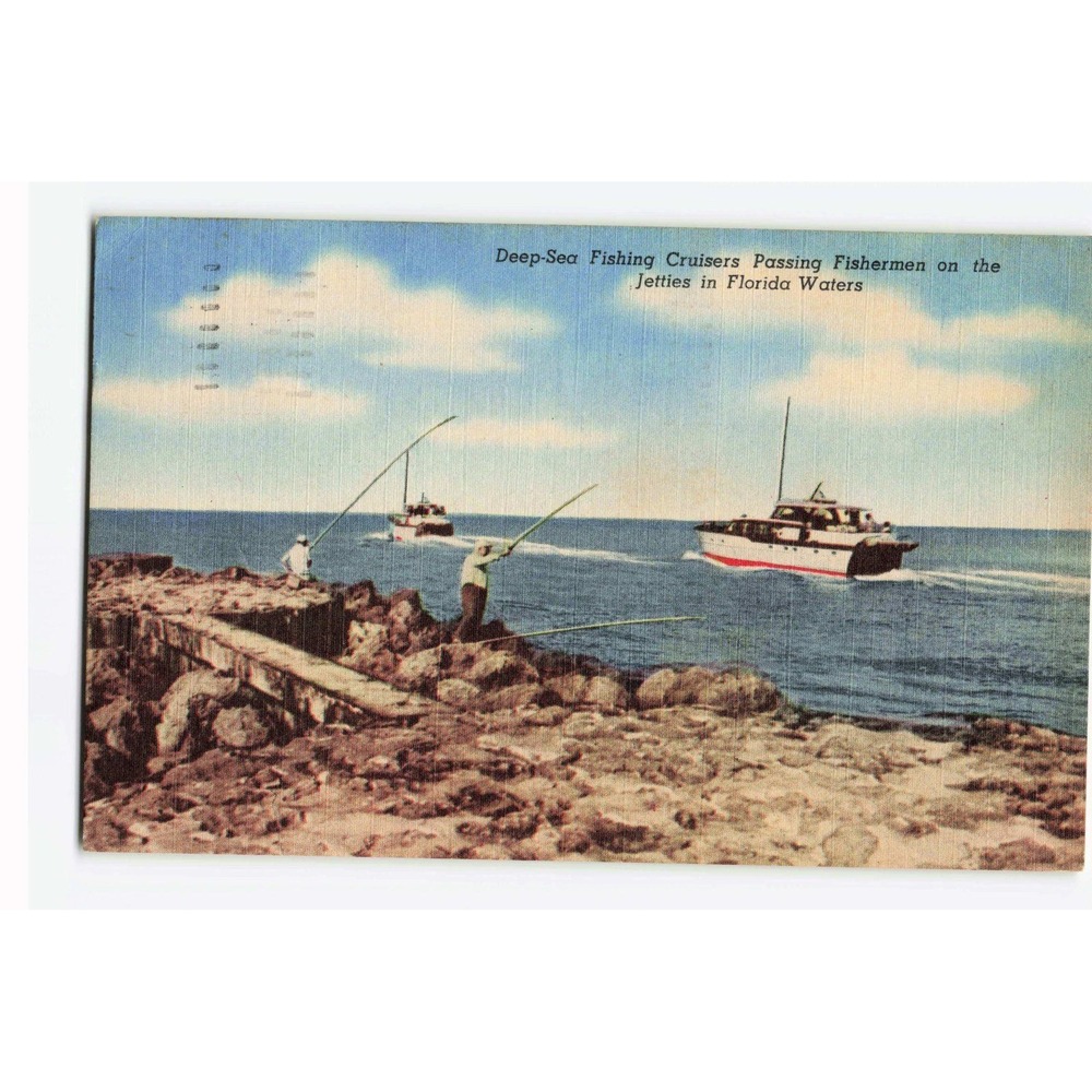 Vintage Florida Postcard Deep Sea Fishing Cruisers Jetties Linen 1960 Postmark
